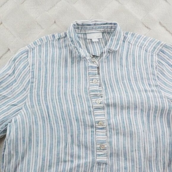 J.Jill Love Linen Blouse Women Small Striped White Blue Pop Over 1/4th Button - Picture 4 of 11